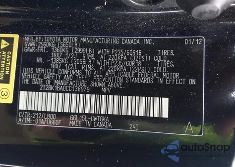 2012 Lexus Rx 350 z USA, uszkodzony, nr VIN 2T2BK1BA0CC138979